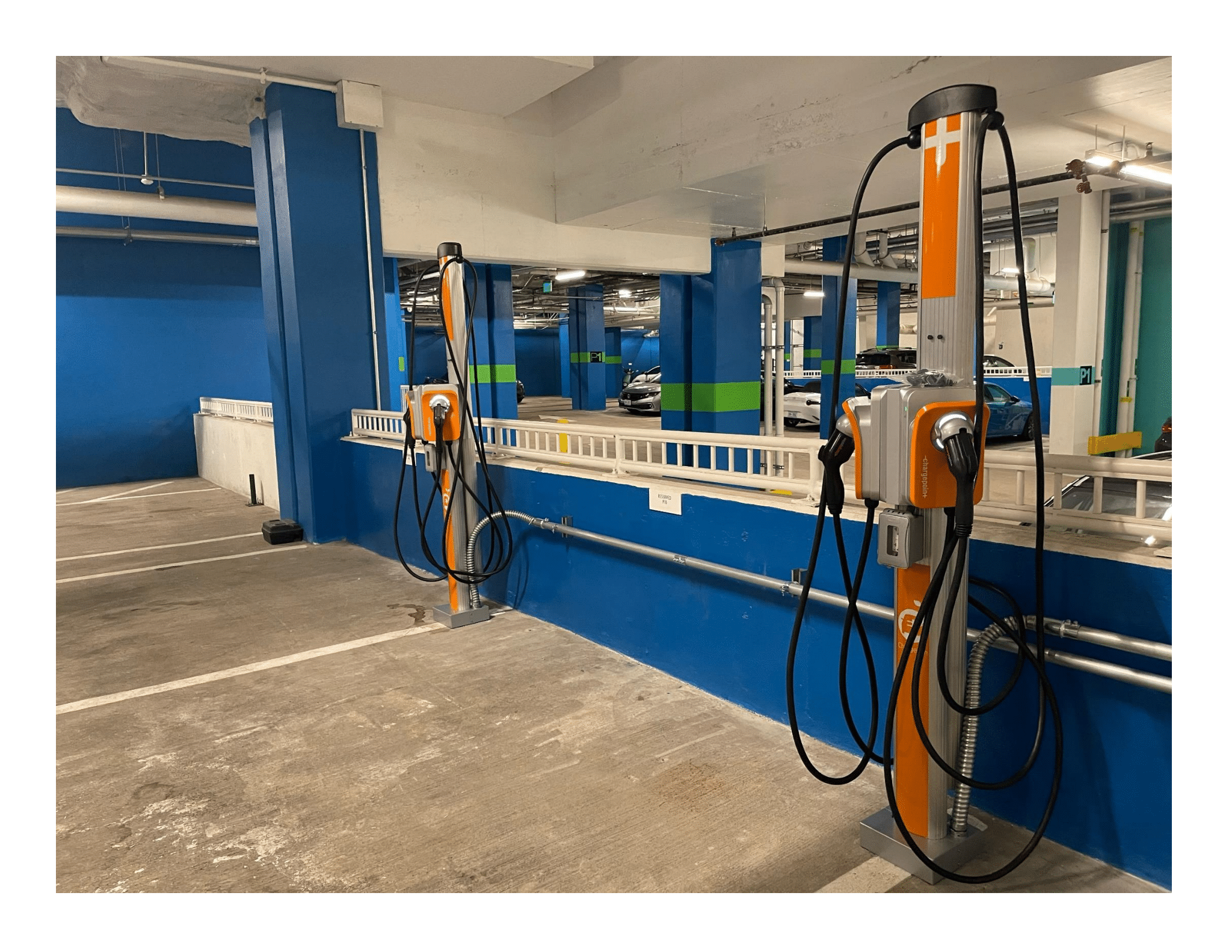 Pictured are two electric vehicle charging stations Wilcox Electric installed recently in Washington DC